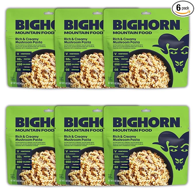 BIGHORN Mountain Food Vegetarian Creamy Mushroom Pasta - contains 6 packs | 12 servings | 192g Protein | 3,900 Calories - premium freeze dried meals for backpacking food - vegetarian backpacking meals - ideal camping meals just add water - great taste