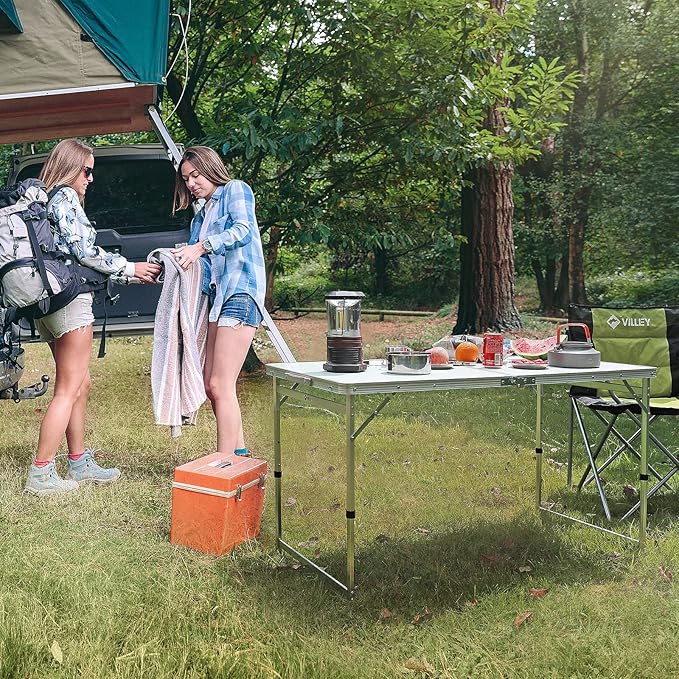 VILLEY 4 Feet Folding Camping Table, Portable Lightweight Outdoor Table with Aluminum Adjustable Legs for Travel Picnic Cooking Beach