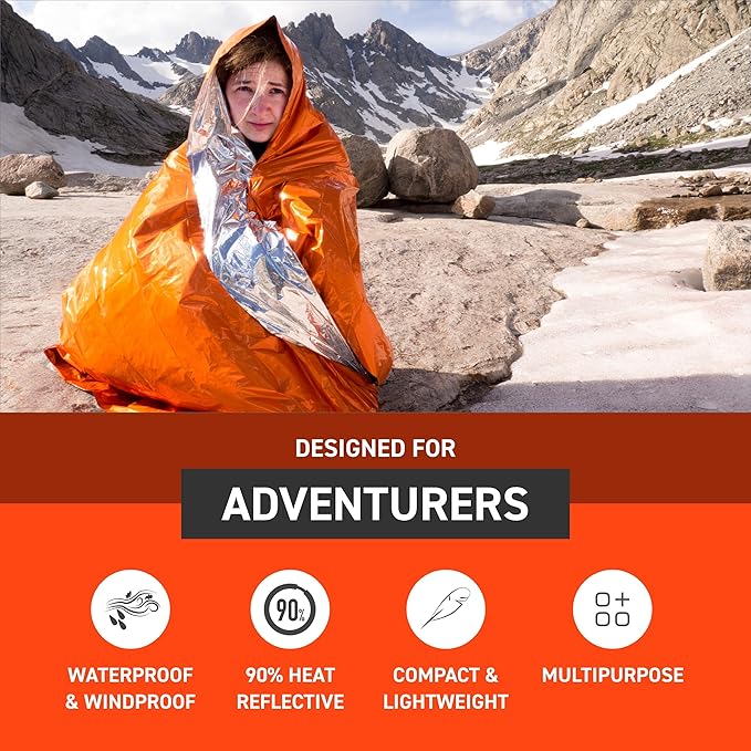 Survive Outdoors Longer 90% Heat Reflective Emergency Blanket - Polyethylene Rescue Blanket - Disaster Preparedness or Outdoor Survival Kit - Waterproof & Windproof - 56" x 84", 5.9 oz, Orange, 4 Pack