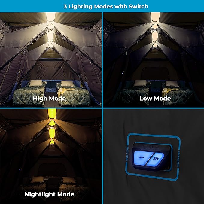 CORE Instant Cabin Tents with LED Lights | 6 Person / 9 Person / 12 Person Family Multi Room Lighted Pop Up Tents for Camping | Included Storage Pockets for Camping Accessories