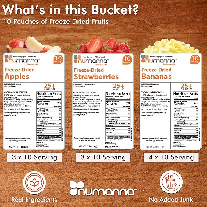 Numanna Freeze-Dried 6 Fruit Bucket – 600 Servings | Apples, Bananas, Strawberries | Healthy Snack for Everyday, Emergency & Survival Use | Durable Packaging | 25+ Year Shelf Life | Made in USA