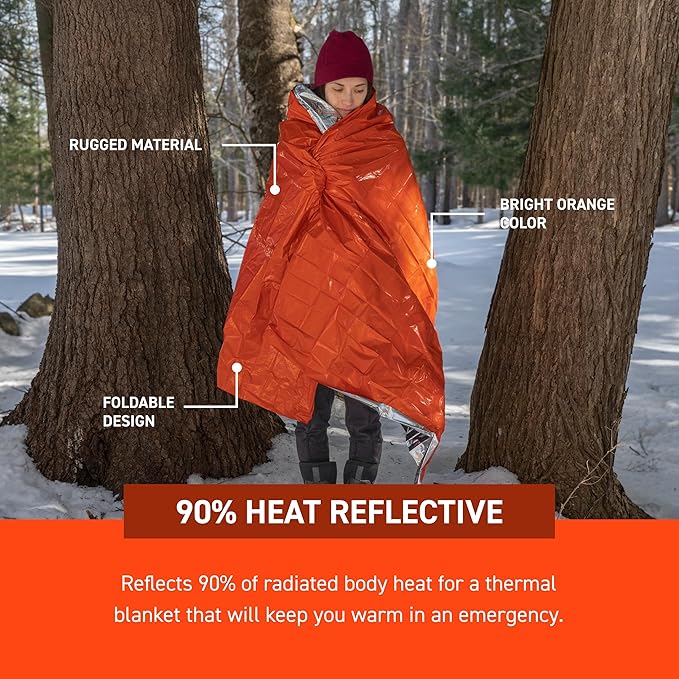 Survive Outdoors Longer 90% Heat Reflective Emergency Blanket - Polyethylene Rescue Blanket - Disaster Preparedness or Outdoor Survival Kit - Waterproof & Windproof - 56" x 84", 5.9 oz, Orange, 4 Pack