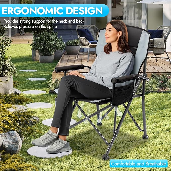 2 Pack Oversized Folding Camping Chair for Adults, Supports 450 LBS Camping Chairs, Heavy Duty Camping Chair with Side Pockets, Foldable Outdoor Chair for Camping, Beach, Fishing, Hiking, Black-Gray