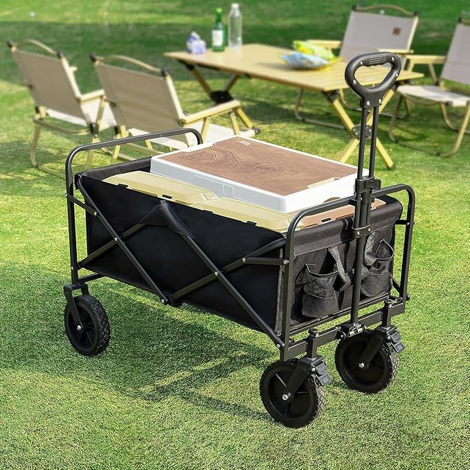 Sweetcrispy Collapsible Foldable Wagon Cart, Large Capacity Garden Beach Cart with All-Terrain Wheels, Heavy Duty Utility Grocery Wagon with Drink Holders for Shopping Sports Camping - 35IN Black
