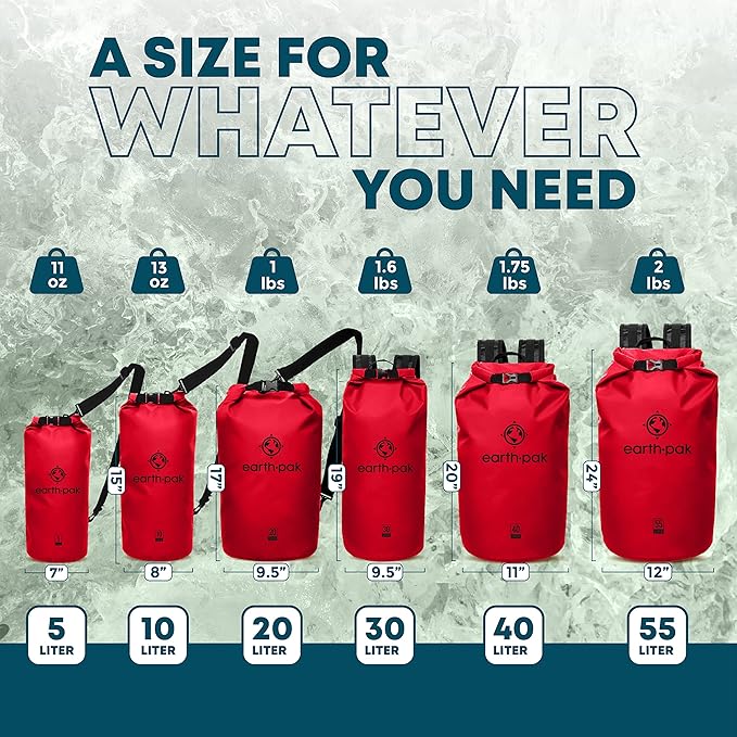 Earth Pak Waterproof Dry Bag - Roll Top Waterproof Backpack Red 5L & 10L