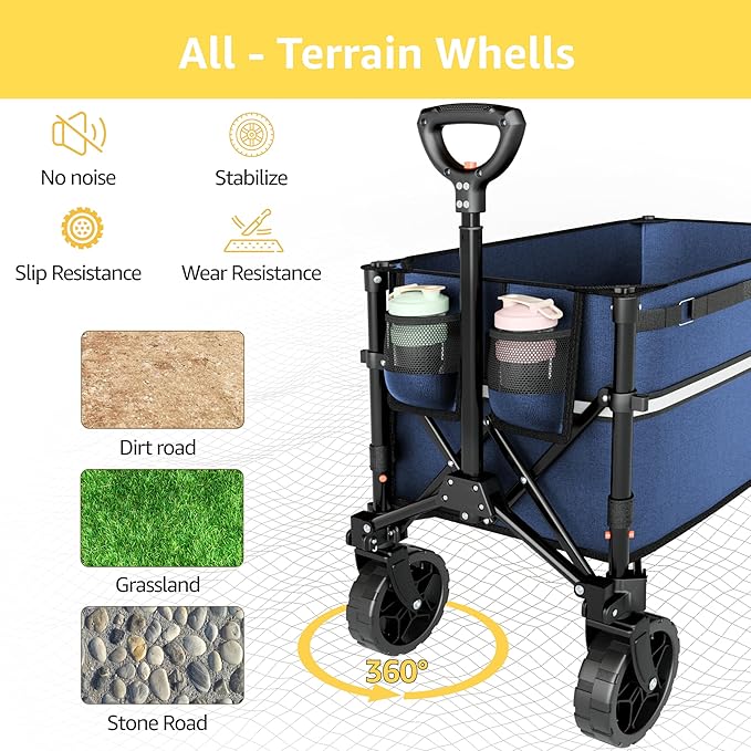Collapsible Wagon Cart with Wheels Foldable - Folding Utility Heavy Duty Wagons Carts for Grocery Sports Garden Shopping Camping Wheelbarrows,Navy Blue