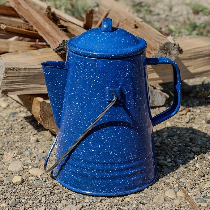 Grip Coffee Percolator (Blue) - Durable Glazed Enamel Steel - Prepare Coffee Over the Fire - Camping, Hiking, Backpacking, Fishing, Hunting - (8 Cups)