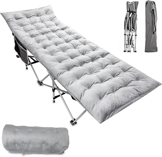 Zento Camping Cot and Mattress Folding Outdoor Travel Bed - Heavy Duty Max Load 450 LBS Premium Quality Cot Bed with Pad for Comfort Sleeping for Travel Home and Anytime Use