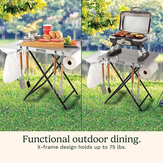 Cuisinart Fold ‘n Go Prep Table, Portable Folding Table and Grill Stand with Tool hooks, Trash Bag Holder, Paper Towel Rack, 24” x 20” Steel Food Prep Station Perfect for BBQs, Tailgates and Camping