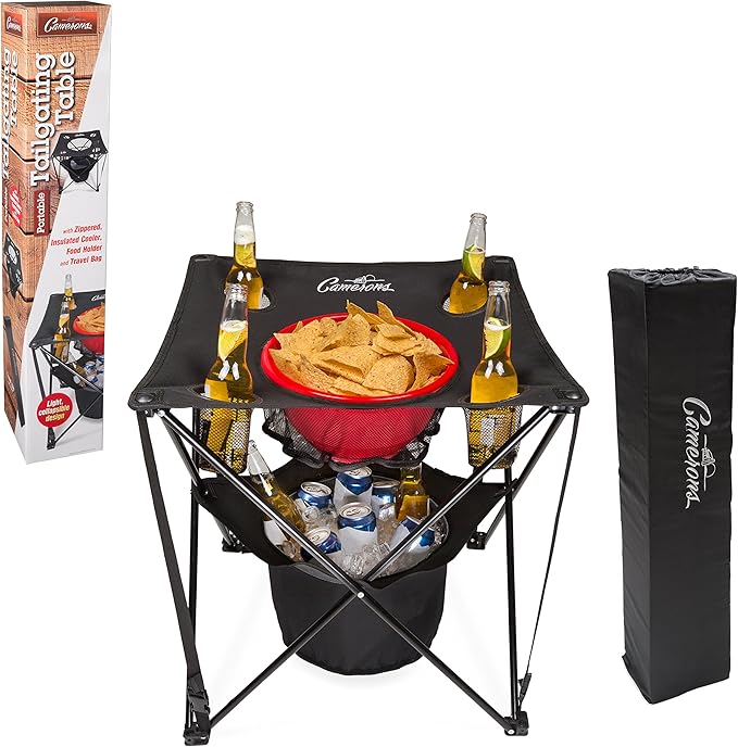 Camerons All-in-One Tailgating Table - Collapsible Folding Camping Table with Insulated Cooler, Mesh Food Basket and Travel Bag for Barbecues, Camping, The Beach, Tailgate Parties - Cookout Essential