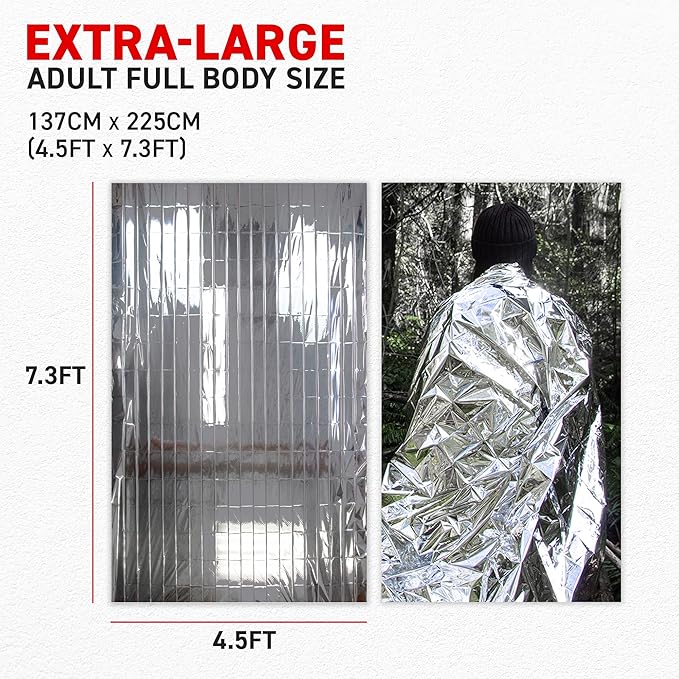 72 HRS Large Emergency Mylar Space Blankets 4-Pack, MIL-SPEC 54″ × 88″ Thermal Survival Foil – Retains 90% Body Heat, Waterproof Reflective Blanket for Camping, Hiking, Marathon, First Aid