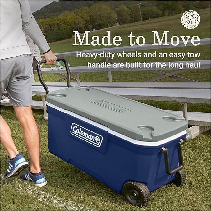Coleman Classic Series Insulated Portable Rolling Cooler with Wheels, Leak-Resistant Outdoor Hard Cooler Keeps Ice up to 5 Days, 100-Quart