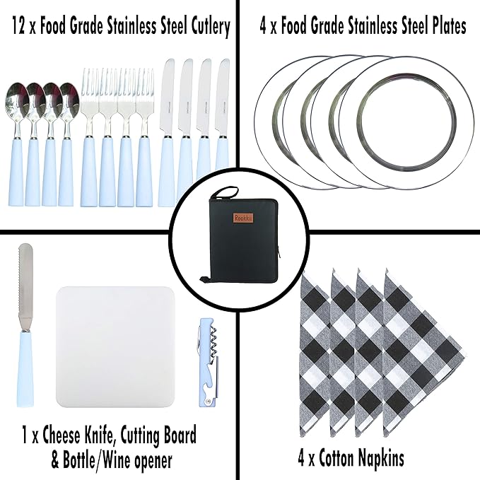Camping Silverware Set with Case, 11 Pcs Camping Mess Kit with Stainless Steel Plates, Picnic Set for 2, Travel Silverware Set, Camping Utensils for Eating, Portable Cutlery Set