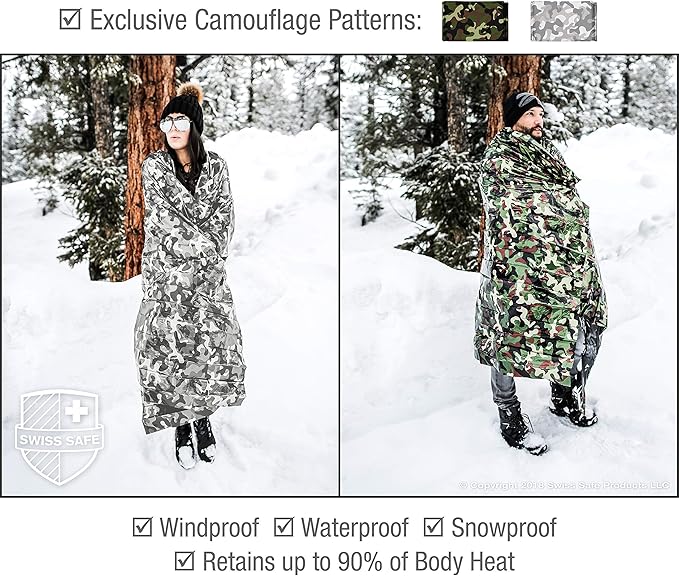 Swiss Safe 4 Pack Mylar Emergency Blankets for Survival - Compact & Insulated for Cold Weather - Designed for NASA, Outdoor, Running, Camping, Survival, First Aid Car Kit - Winter Camo, 4 Pack