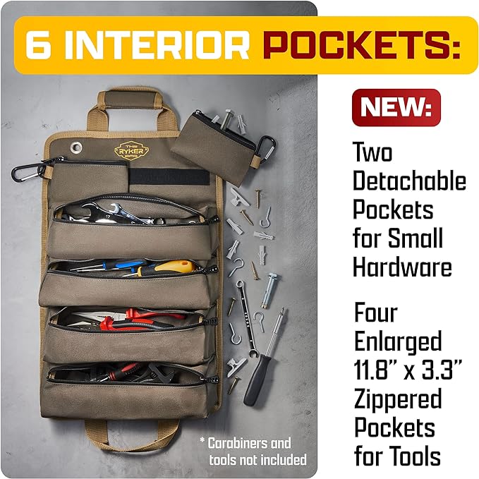 The Ryker Roll Up Tool Bag Organizer Gifts for Dad. Heavy Duty Motorcycle Tool Roll Bag Organizer. Portable Rollup Toolbag w/Detachable Pouches - Tools Bags Mens gifts for him - Mechanic & Electrician