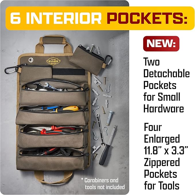 The Ryker Roll Up Tool Bag Organizer Gifts for Dad. Heavy Duty Motorcycle Tool Roll Bag Organizer. Portable Rollup Toolbag w/Detachable Pouches - Tools Bags Mens gifts for him/Mechanic (Khaki+Black)