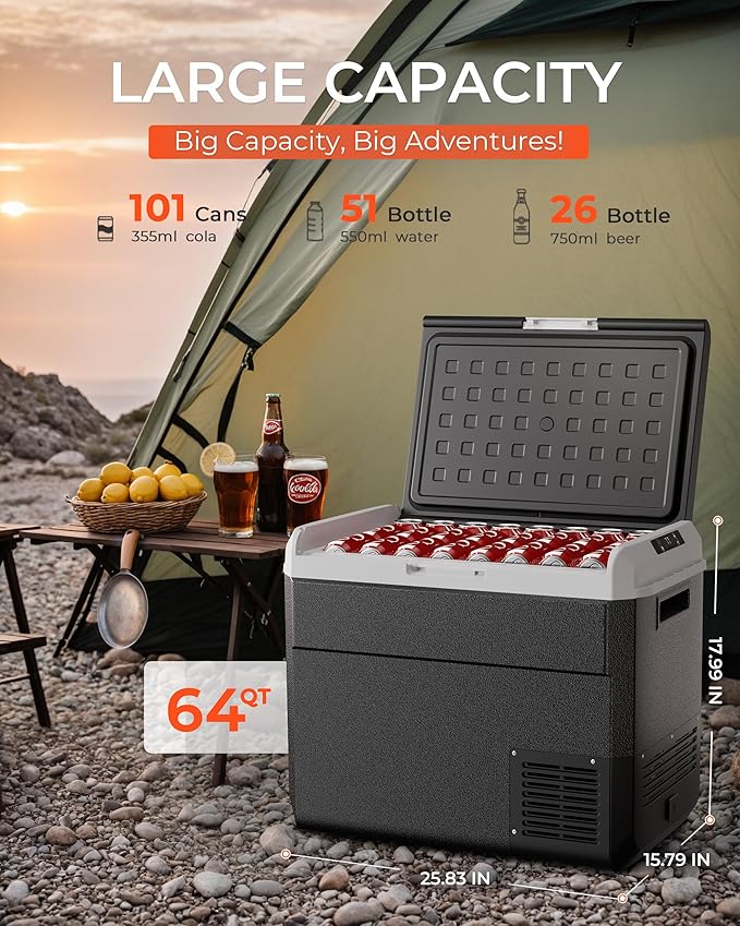 12 Volt Refrigerator, 64 Quart Electric Cooler, Car Fridge 12V/24V DC 100~240V AC, Portable Freezer -4℉~68℉, APP Control, Portable 12V Refrigerator Fridge for Truck, RV, Camping,Travel