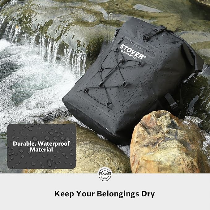 STOVER 5/10/25/30/40/55L Waterproof Dry Backpack- XL Floating Dry Bag for Kayaking, Travel, Tubing, Hiking, Fishing, Camping, Motorcycles, the Beach, Heavy-Duty Roll Top Men/Women (Black)