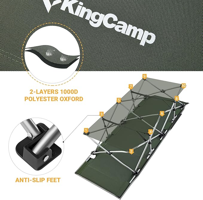 KingCamp Folding Camping Cot for Adults,Portable Sturdy Sleeping Cot with Carry Bag Outdoor Lightweight Camping Bed Support 264 lbs,Large Outdoor Foldable Travel Cots for Camping Beach Home Nap