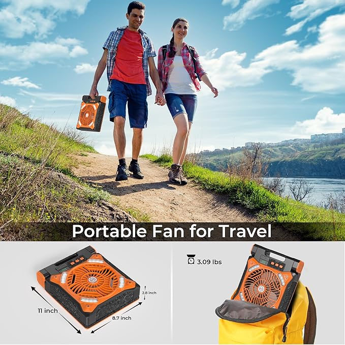 KITWLEMEN Upgraded Solar Camping Fan with Lantern - Rechargeable Battery Operated Fan, 36H Run Time Max, 4 Speeds, 8H Timer, 90° Adjustable Portable Desk Fan for Hurricane, Power Outage, Outdoor Use