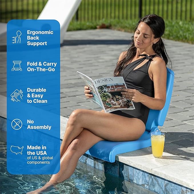 Step2 Folding Flip Seat, Lightweight Portable Outdoor Chair for Poolside, Camping, Beach, Boats, Tailgates, Durable Ground Chair with Back Support for Adults, Capri Blue