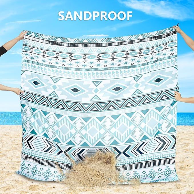 Beach Blanket Sandproof Extra Large Beach Mat Adults Waterproof Quick Drying Sand Free Mat Made by Premium Polyester with 4 Stakes & 4 Corner Pockets for Outdoor Travel Camping Hiking