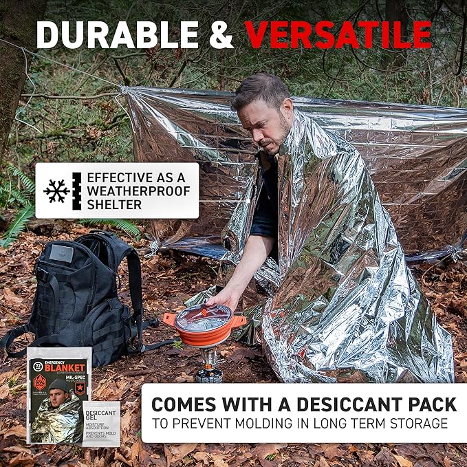 72 HRS Large Emergency Mylar Space Blankets 4-Pack, MIL-SPEC 54″ × 88″ Thermal Survival Foil – Retains 90% Body Heat, Waterproof Reflective Blanket for Camping, Hiking, Marathon, First Aid