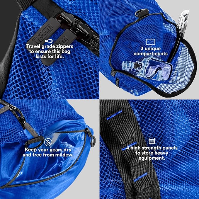 Fitdom 90L Large Mesh Duffle Bag for Scuba Dive or Snorkel Equipment. Best for Water Sports & Beach Activities like Swimming, Diving & Snorkeling. Perfect for Travel, Storage Swim Gym Gears & Balls
