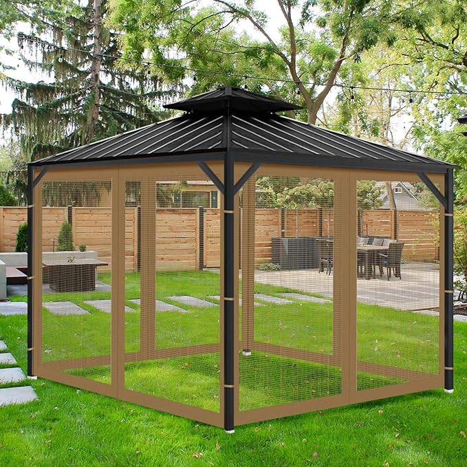 Gazebo Universal Replacement Mosquito Netting, 10' x 12' Outdoor Mesh Netting Screen 4-Panel Sidewall with Zipper for Patio Canopy Garden Porch Pergolas and Backyard, Khaki(Mosquito Net Only)