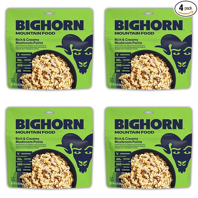 BIGHORN Mountain Food Vegetarian Creamy Mushroom Pasta - contains 4 packs | 8 servings | 128g Protein | 2,600 Calories - premium freeze dried meals for backpacking food - vegetarian backpacking meals - ideal camping meals just add water - great taste