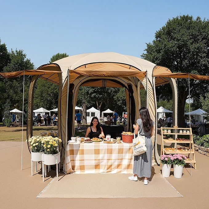 East Oak 12ร12 FT Pop Up Canopy Tent with Mesh | Outdoor Screen House with 4 Sunshades | Instant Canopy with Portable Carry Bag | Gazebo Tent for Camping, Patio, and Beach | Beige