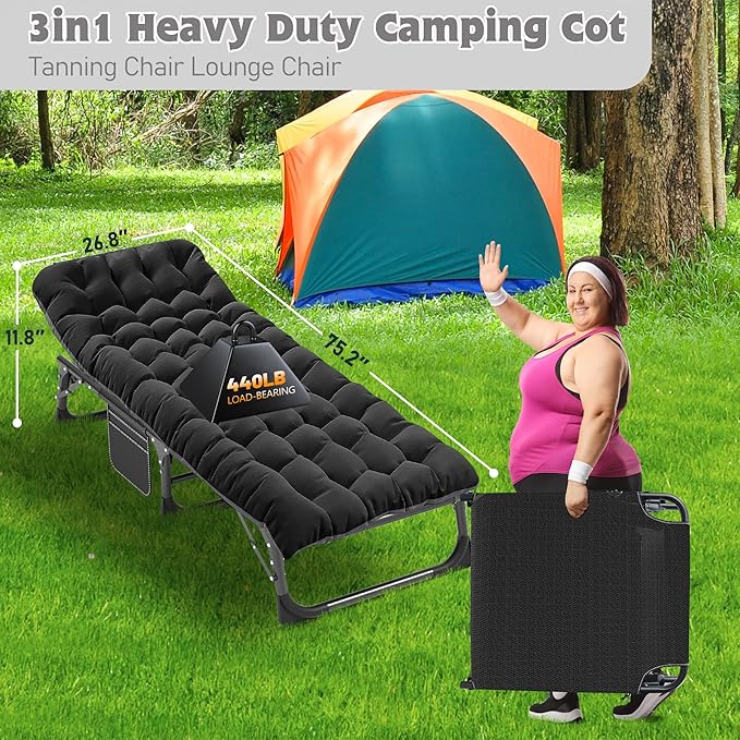 ABORON Folding Camping Cot W/Mat for Adults, Adjustable Heavy Duty Outdoor Bed,1200 D Layer Oxford Travel Camp Cots