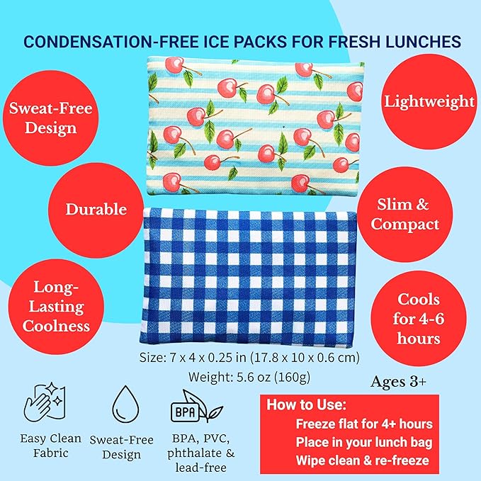 Yumbox Reusable Soft Ice Packs with Fabric Sleeve for Lunch Box and Cooler, Sweatproof, Pack of 2 Gel Ice Packs (Vichy)