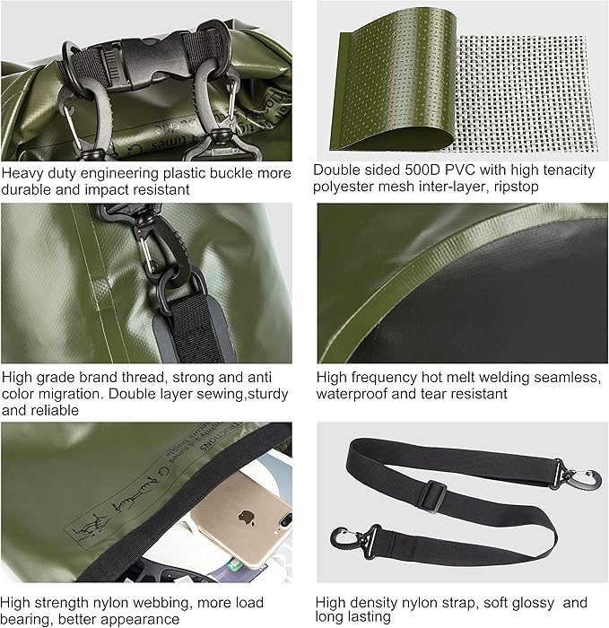 Mountain Land Waterproof Beach Dry Bag 20L Roll Top Backpack Boat Bag Dry Sack for Kayaking Rafting Fishing Hiking Camping Army Green