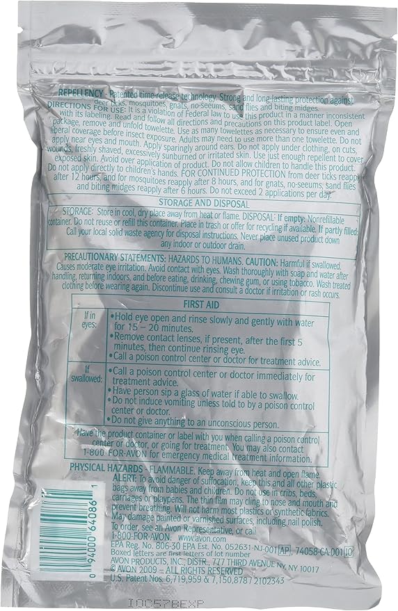 Avon Skin So Soft Bug Guard Plus Picaridin Towelettes - DEET-Free, Oil-Free, Resealable Bag with 8 Packets - Protection Against Mosquitoes, Deer Ticks, Gnats, No-Seeums, Sand Flies, and Biting Midges