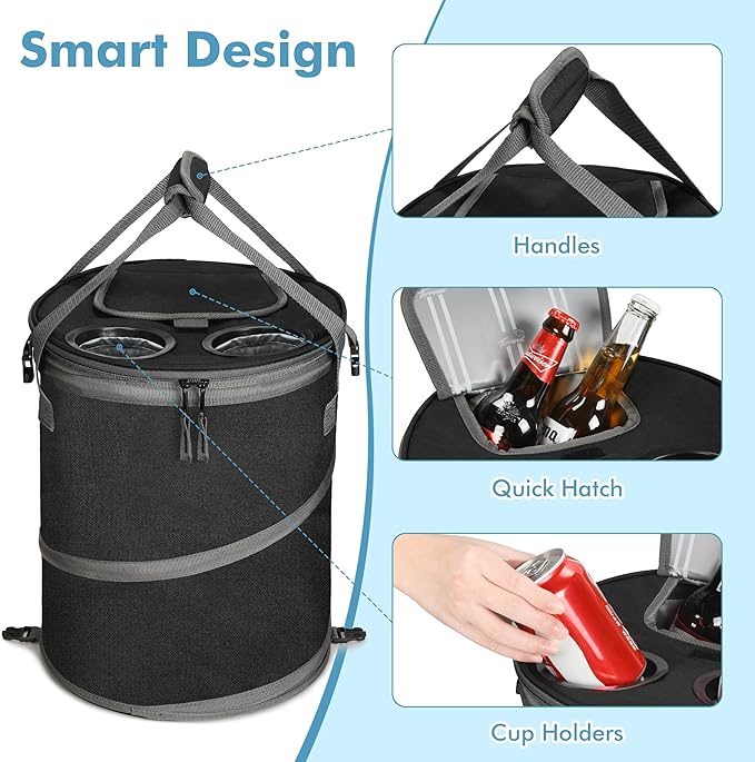 Tirrinia Pop-Up Collapsible Cooler Bag - Insulated, Lightweight with Built-in Cup Holder | Leak-Proof Portable Soft Cooler for Camping, Beach, Picnics, Travel