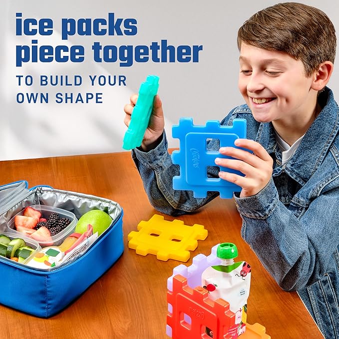 Cool Coolers by Fit & Fresh Kids Puzzle Shaped Lunch Box Ice Packs, Back to School Essential, Reusable Freeze Blocks for Insulated Bags and Cooler, Multicolored, 6PK