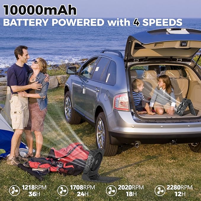 MORECORE 10000mAh 11inch Solar Camping Fan with Dual Charging, 4 Speeds & 3 Light Levels, 36H Run Time, Timer & 90° Adjustable, Portable Quiet Desk Fan for Hiking, Hurricane, Outages, Fishing-Black