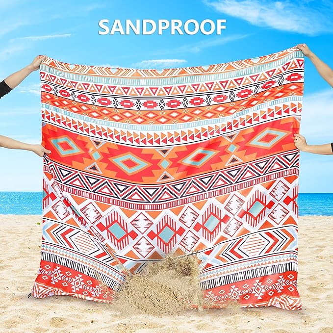 Beach Blanket Sandproof Extra Large Beach Mat Adults Waterproof Quick Drying Sand Free Mat Made by Premium Polyester with 4 Stakes & 4 Corner Pockets for Outdoor Travel Camping Hiking