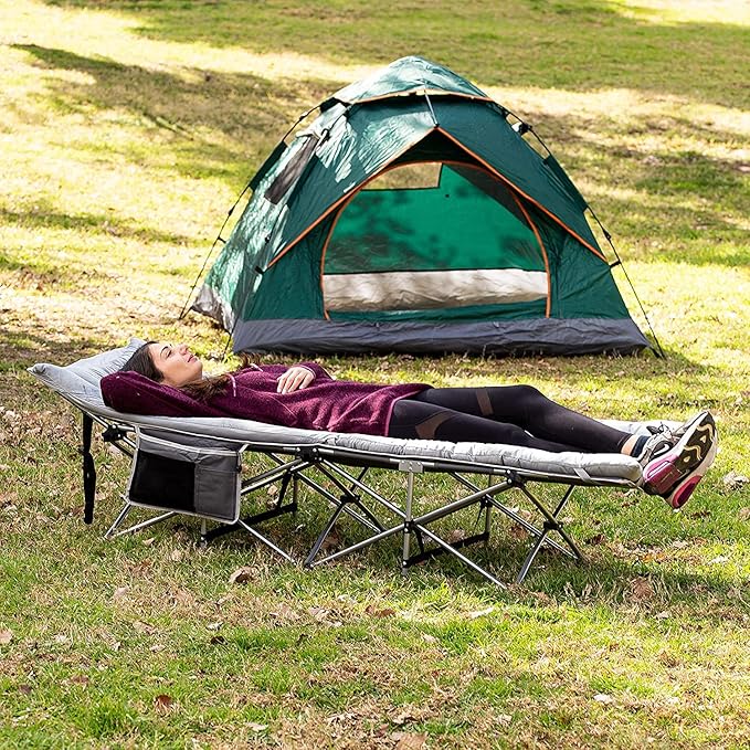 Zento Camping Cot and Mattress Folding Outdoor Travel Bed 4 Pack- Heavy Duty Max Load 450 LBS Premium Quality Cot Bed with Pad for Comfort Sleeping for Travel Home and Anytime Use