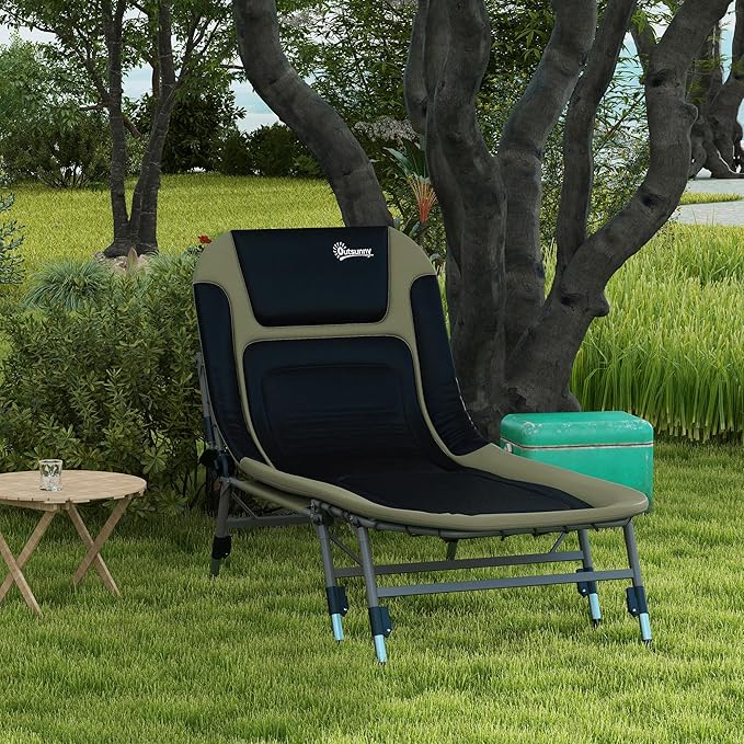 Outsunny Camping Cot for Adults, Folding Bed with Soft Padded Cushions & Headrest, 180° Adjustable Reclining Lounger, Heavy Duty and Portable with a 400 lbs. Capacity, Dark Green