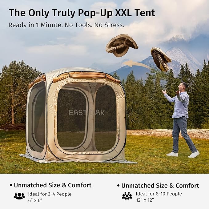 East Oak 6ร6 FT Pop Up Canopy Tent with Mesh | Outdoor Screen House with 4 Sunshades | Instant Canopy with Portable Carry Bag | Gazebo Tent for Camping, Patio, and Beach | Beige