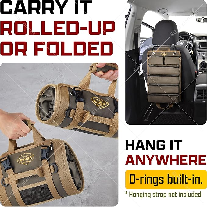 The Ryker Roll Up Tool Bag Organizer Gifts for Dad. Heavy Duty Motorcycle Tool Roll Bag Organizer. Portable Rollup Toolbag w/Detachable Pouches - Tools Bags Mens gifts for him/Mechanic (Khaki+Black)