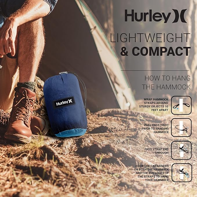 Hurley Duo Camping Hammock - 2 Person Portable Hammock for Camping, Heavy Duty Hammock, Parachute Nylon Fabric - Camping Accessories for Outdoor Activity - Holds Up to 400lbs, Monsoon Blue, 118 x 79