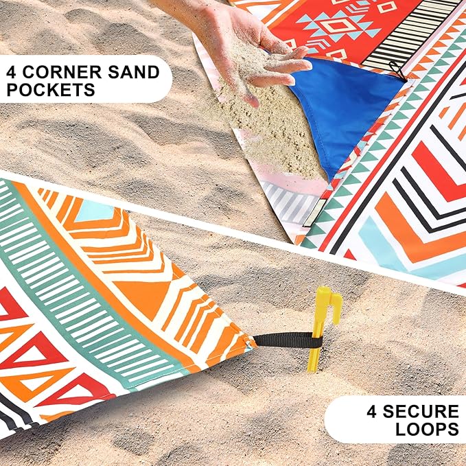 Beach Blanket Sandproof Extra Large Beach Mat Adults Waterproof Quick Drying Sand Free Mat Made by Premium Polyester with 4 Stakes & 4 Corner Pockets for Outdoor Travel Camping Hiking