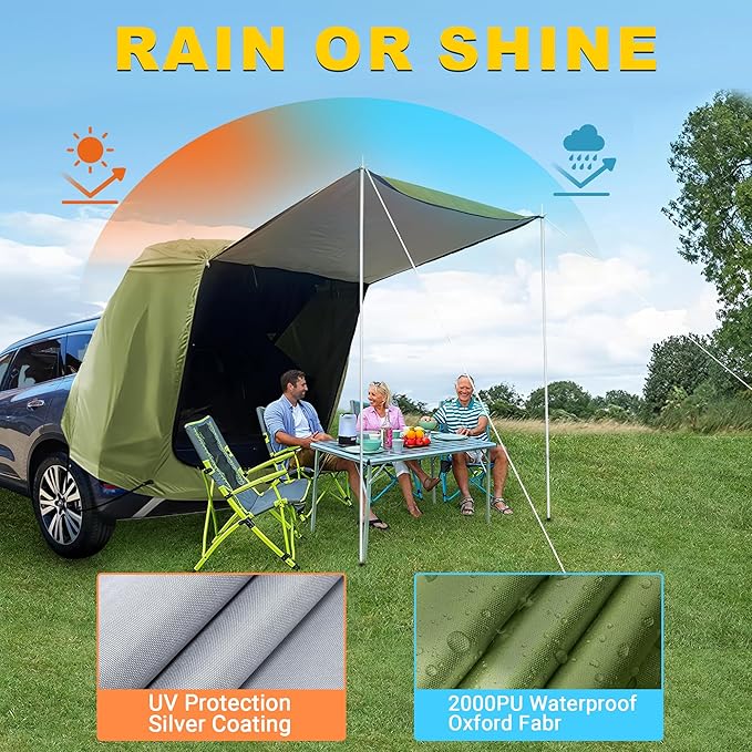 BUMBEE SUV Tailgate Tent Car Roof Canopy and Poles with Awning Shade, Outdoor Hatchback Rear Shelter, Roof Canopy, Waterproof Bug Protection, Fits for MPVs CUVs Van, Green