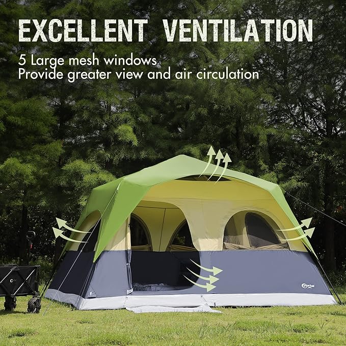 Portal 8 Person Instant Tent for Camping, Large Water Resistant Cabin Family Tent Easy Setup with 5 Large Mesh Windows, Rainfly, Carry Bag