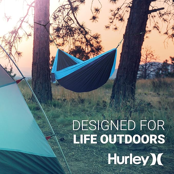 Hurley Duo Camping Hammock - 1 Person Portable Hammock for Camping, Heavy Duty with Parachute Nylon Fabric - Camping Accessories & Gear for Outdoor Activities - Holds Up to 400lbs, Nav Blu/Lake BL