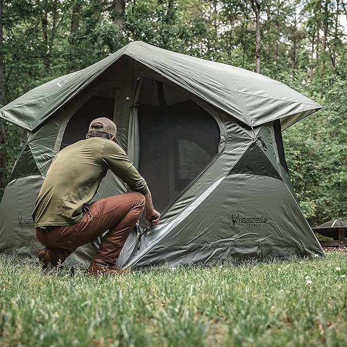 Gazelle Tents™ T4 Hub Tent, Easy 90 Second Set-Up, Waterproof, UV Resistant, Removable Floor, Ample Storage Options, 4-Person, Alpine Green, 94" x 94" x 78", GT400GR
