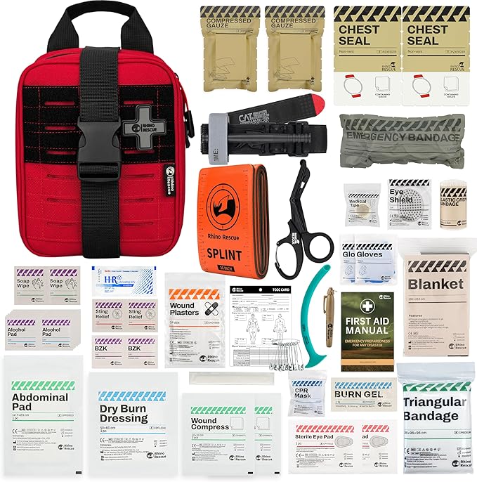 RHINO RESCUE IFAK Trauma Kit with C-A-T Tourniquet, Tactical First Aid Kit Molle Pouch for Military, Combat, Car, Camping, Hiking, Travel, FSA HSA Eligible (Red)